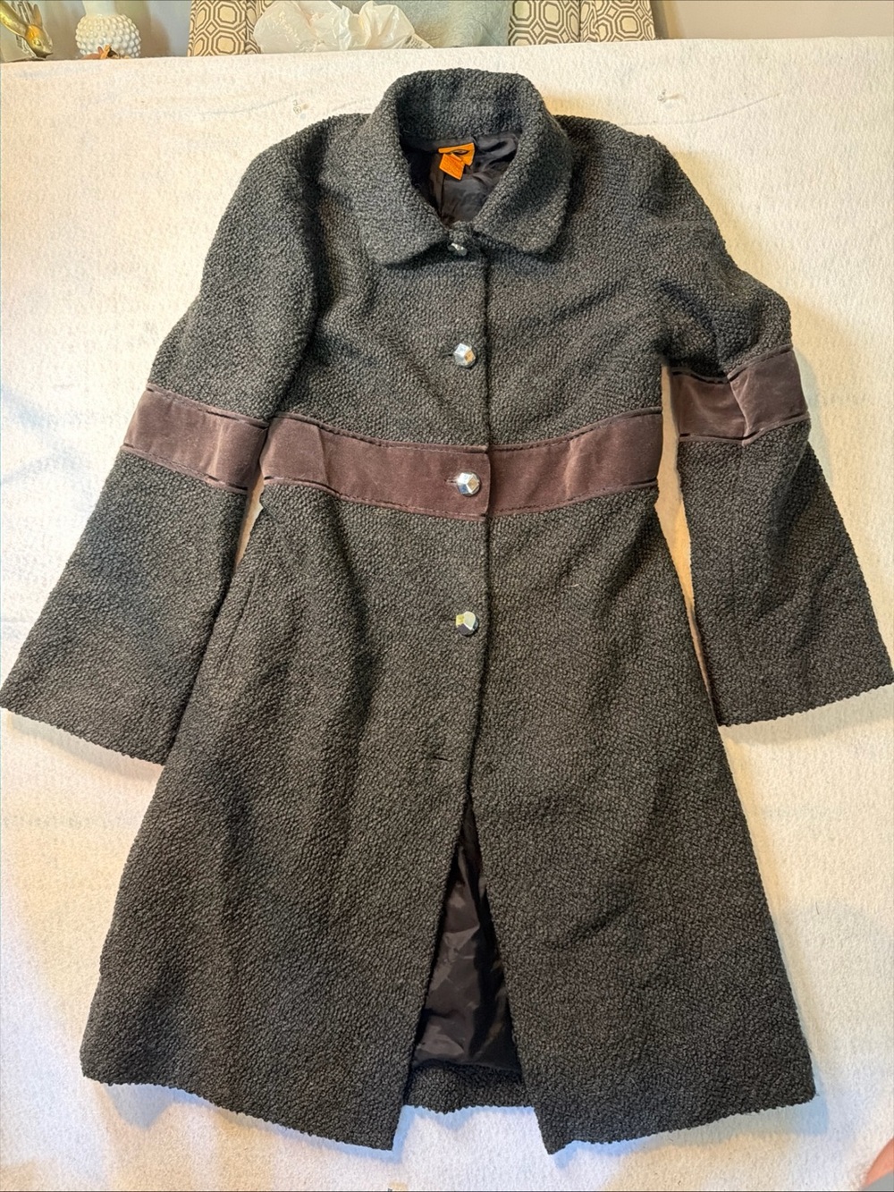Tory Burch dark gray wool blend coat w/faux suede inserts detail size 12 vintage